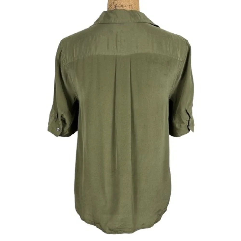 J. Crew Silk Short Sleeve Button‎ Up Shirt Olive Green Quiet Luxury Size MP